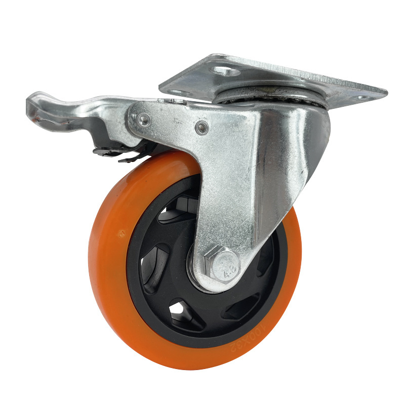 Medium duty industrial castors roller orange pu wheel 4 inch plate caster wheel with brake