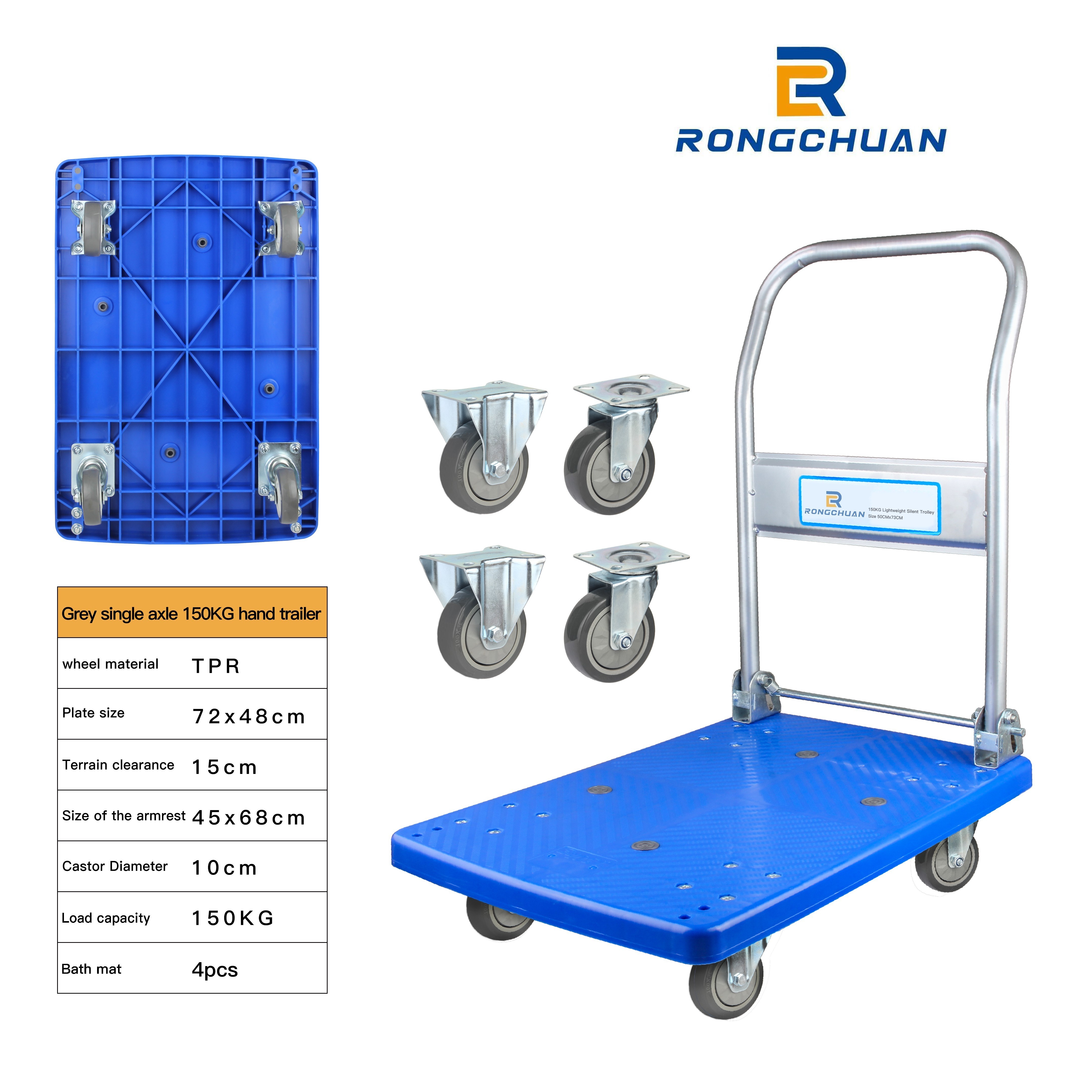 High Quality Blue Hand Trolley 300kg Loading Foldable Warehouse Trolley Platform Push Trolley Folding Cart