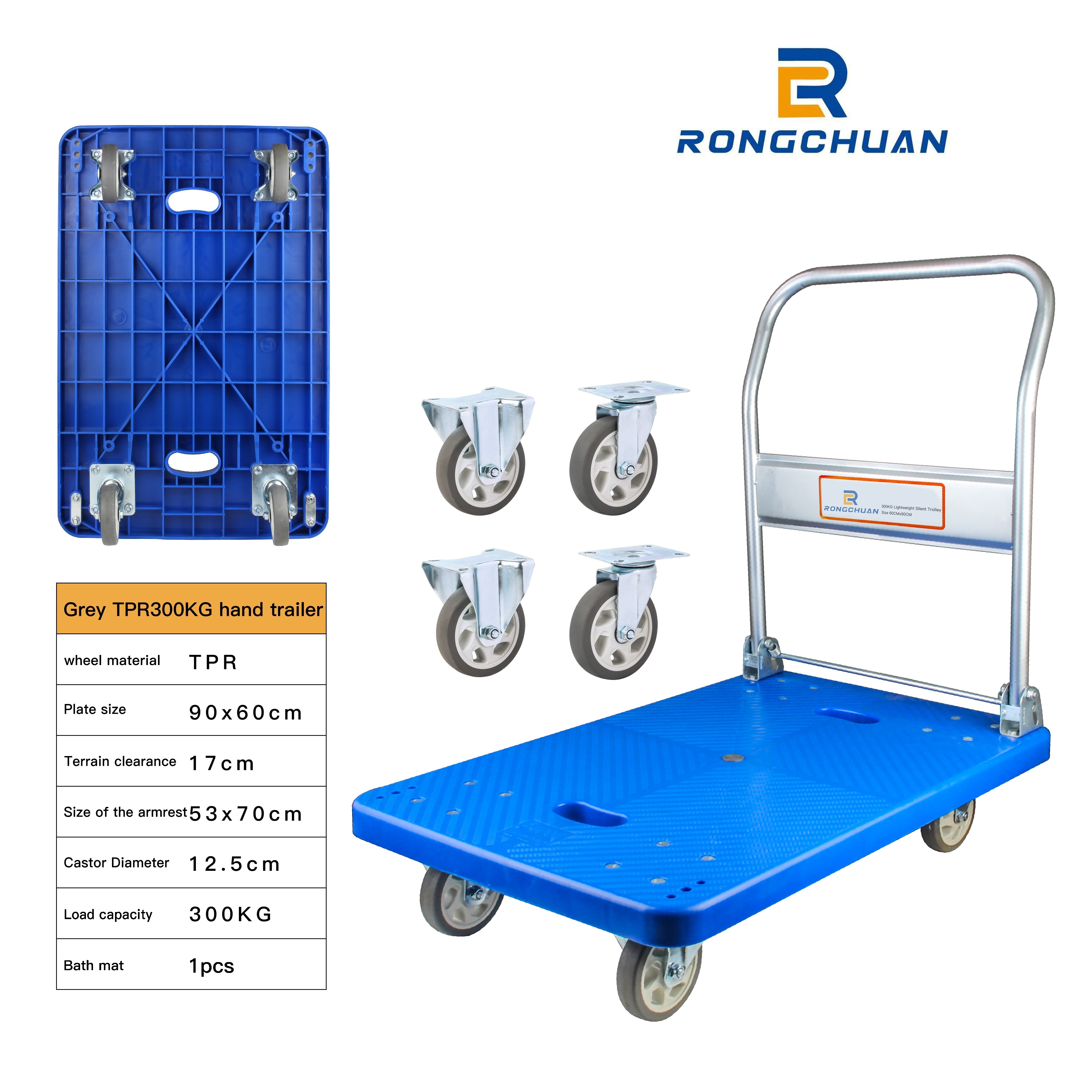 High Quality Blue Hand Trolley 300kg Loading Foldable Warehouse Trolley Platform Push Trolley Folding Cart