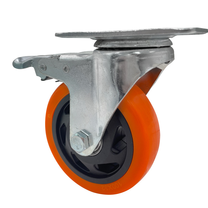 Medium duty industrial castors roller orange pu wheel 4 inch plate caster wheel with brake