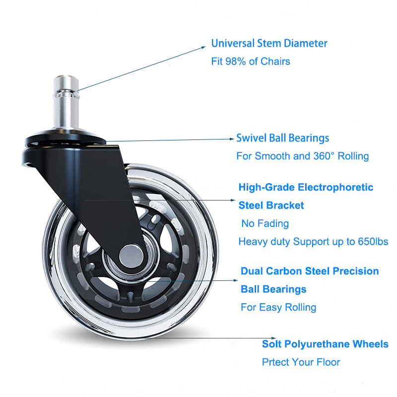 Universal Fit Office Chair Casters Transparent PU Polyurethane Wheels 3 Inch Swivel  Furniture Caster Wheels