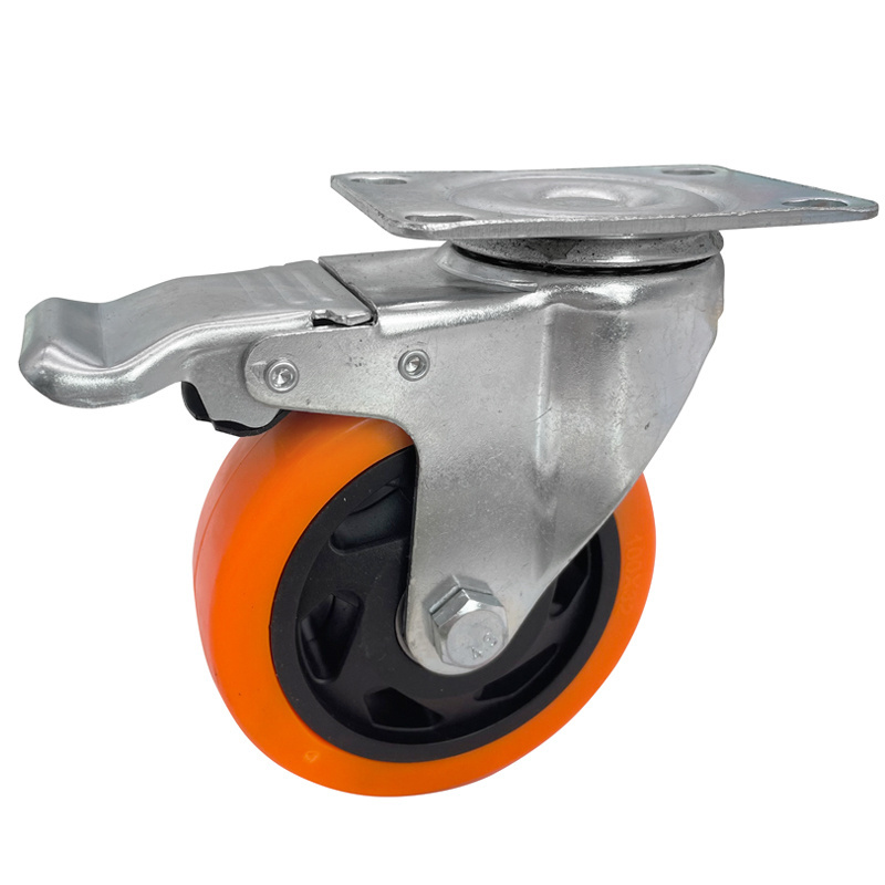 Medium duty industrial castors roller orange pu wheel 4 inch plate caster wheel with brake