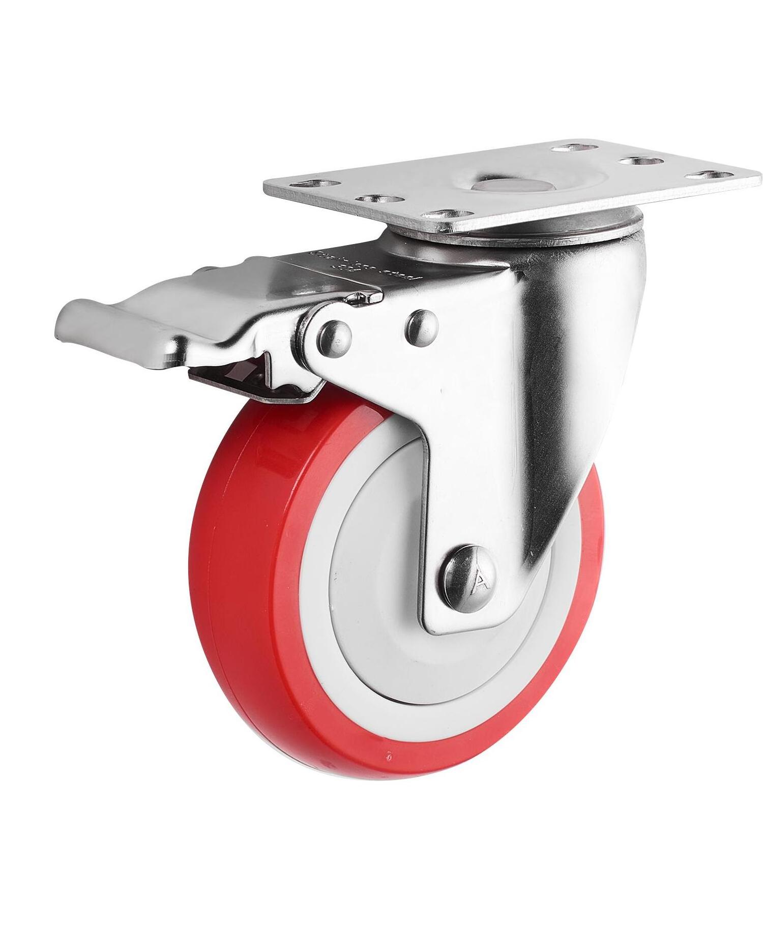 Medium Duty Caster With Brake New Arrival 4 Inch Stainless Steel Red PU Swivel Wheel Industrial Casters