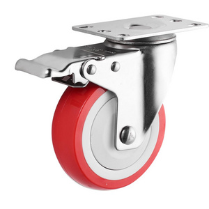 Medium Duty Caster With Brake New Arrival 4 Inch Stainless Steel Red PU Swivel Wheel Industrial Casters