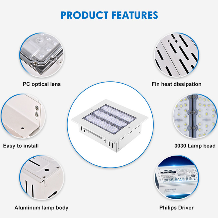 IP54 Waterproof Housing Accessories Aluminum Surface Mounted Gas Station Lighting 100W 150W 200W Led Canopy Light