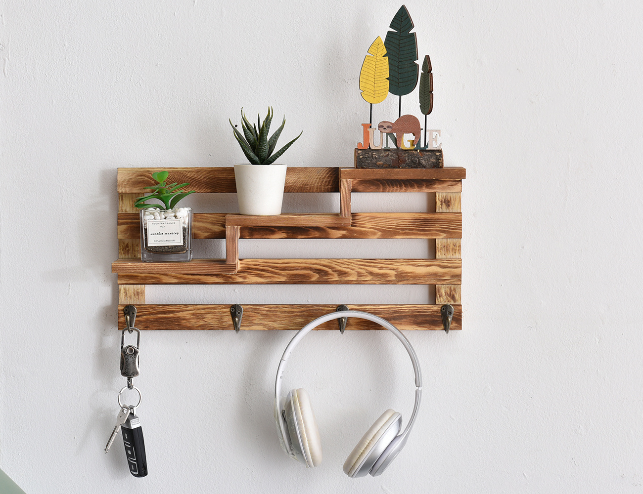 3-Tier Wall-Mounted Entryway Burnt Wood Display Shelf with 4 Key Hook