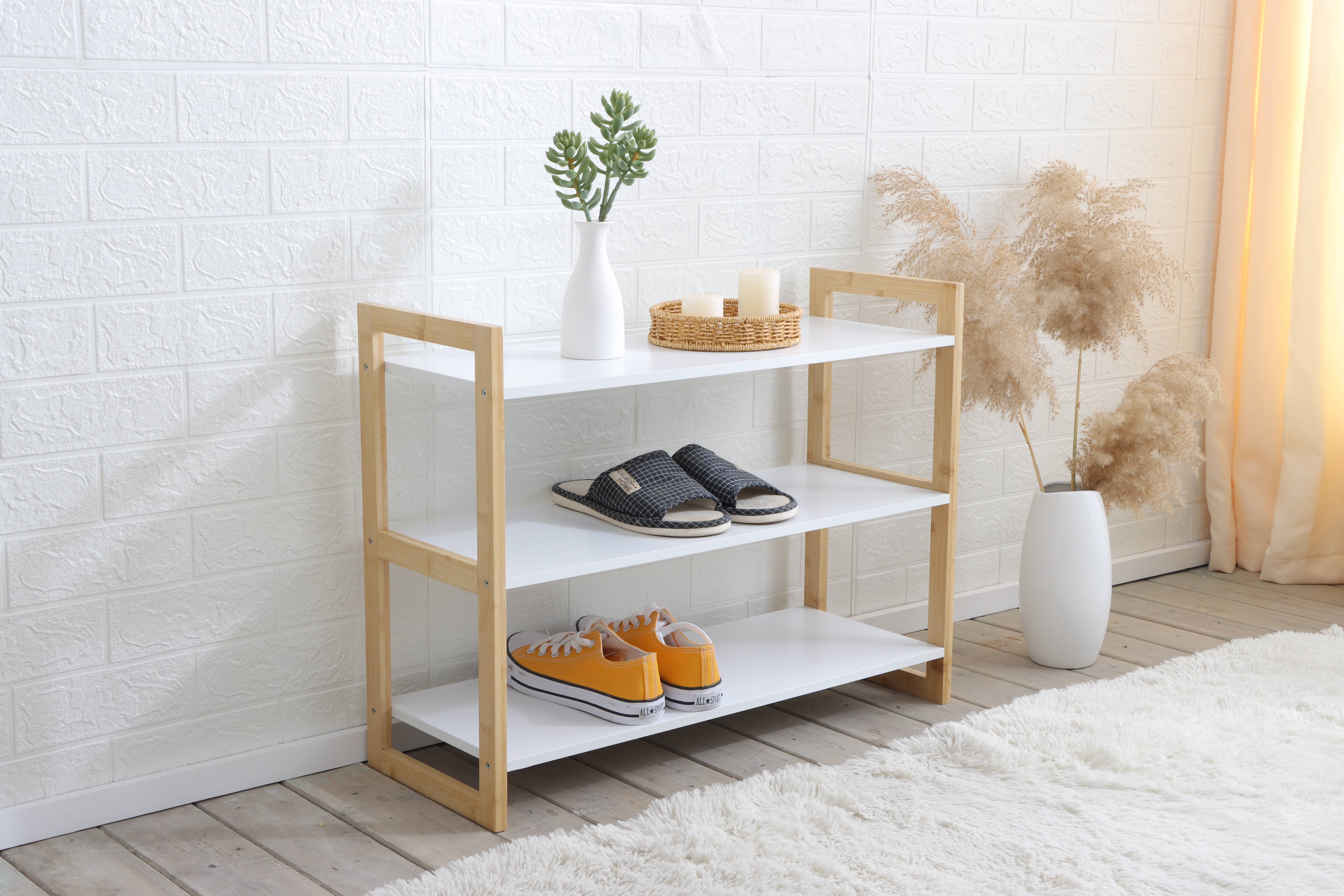 Bamboo and Wood White Shoe Rack