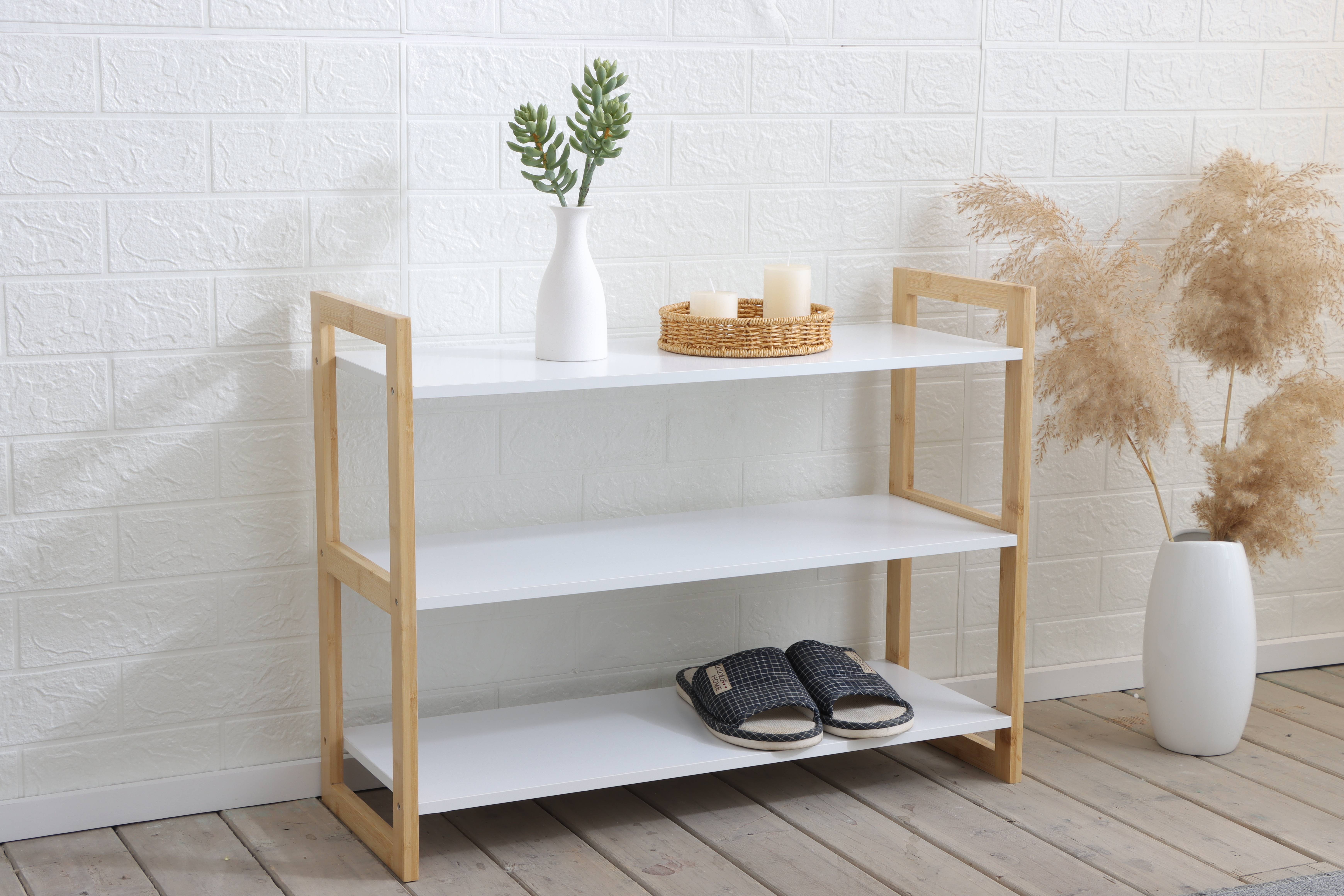 Bamboo and Wood White Shoe Rack