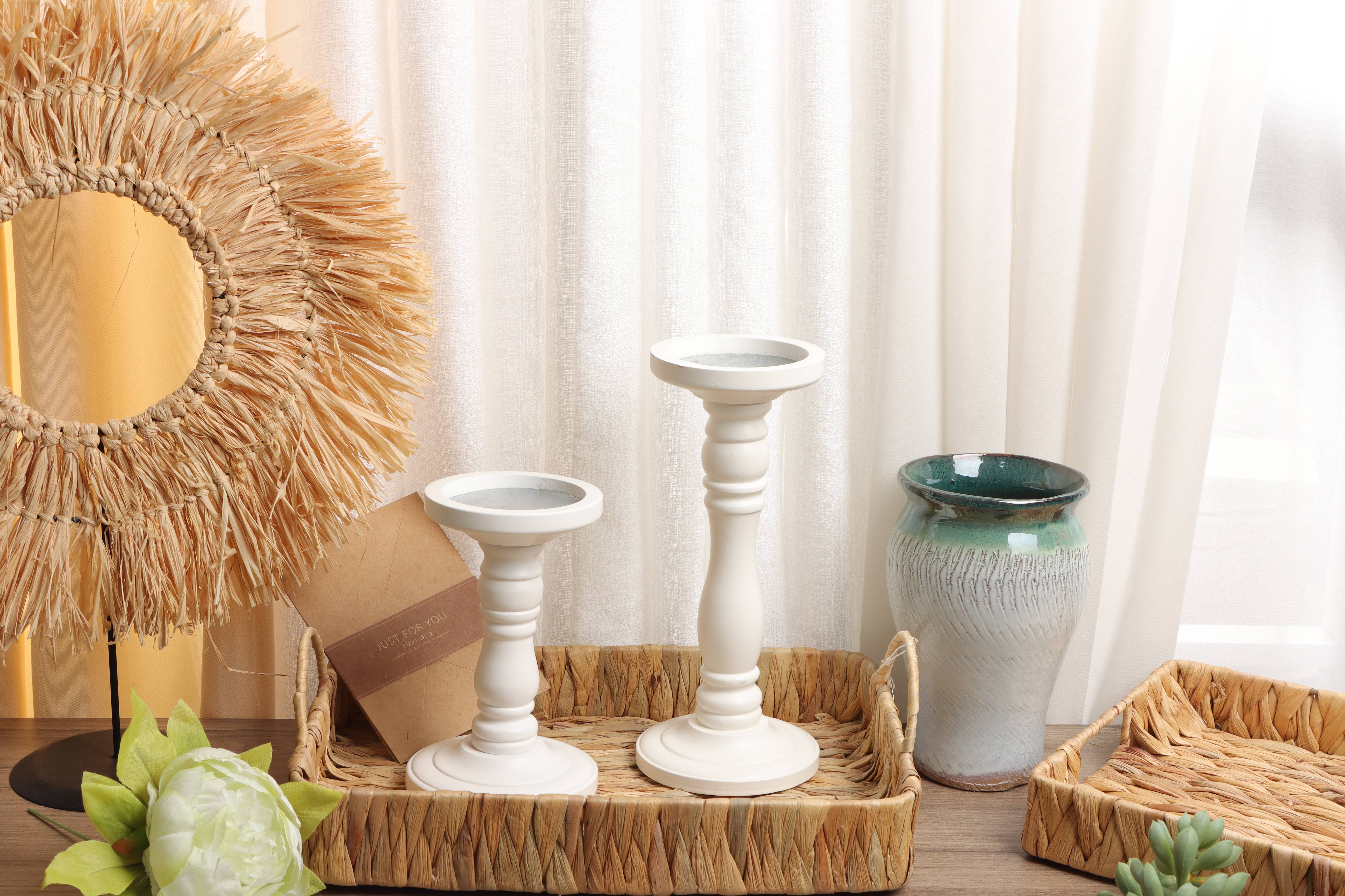 Pillar Shaped White Candle Holder, Decorative Wooden Candle Holder in Farmhouse Style, Set of 2