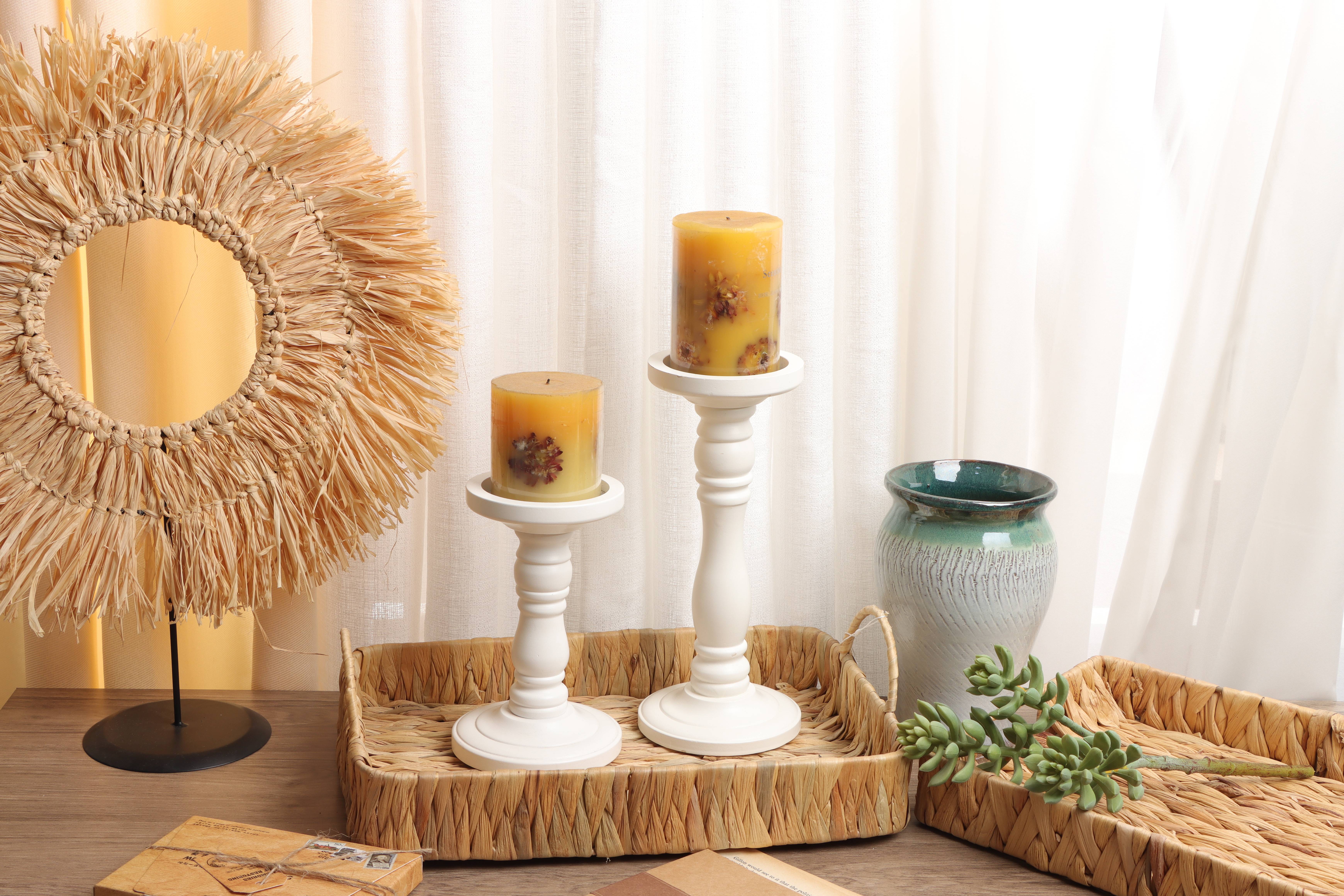 Pillar Shaped White Candle Holder, Decorative Wooden Candle Holder in Farmhouse Style, Set of 2