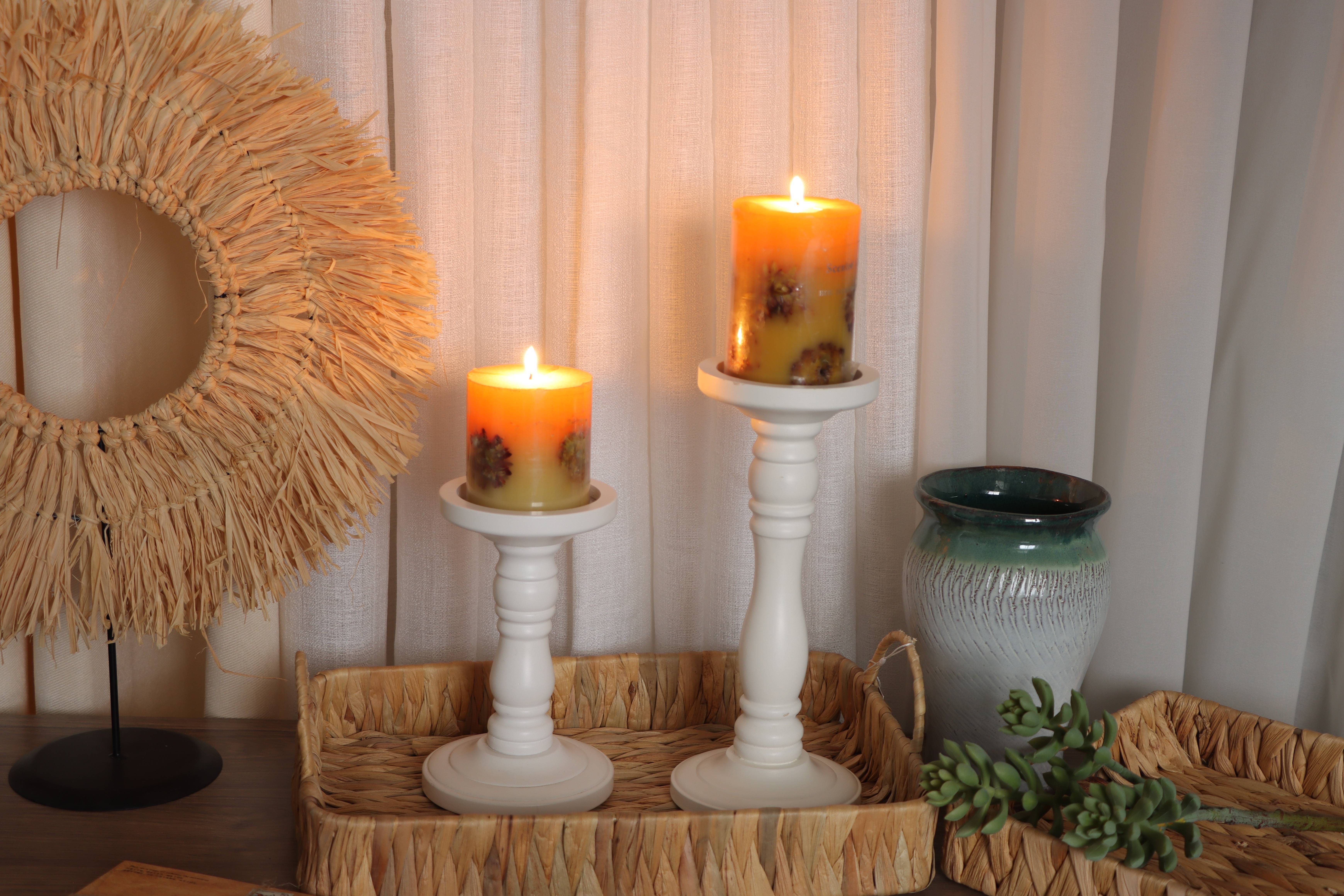 Pillar Shaped White Candle Holder, Decorative Wooden Candle Holder in Farmhouse Style, Set of 2