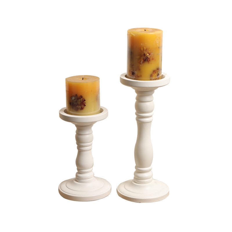 Pillar Shaped White Candle Holder, Decorative Wooden Candle Holder in Farmhouse Style, Set of 2