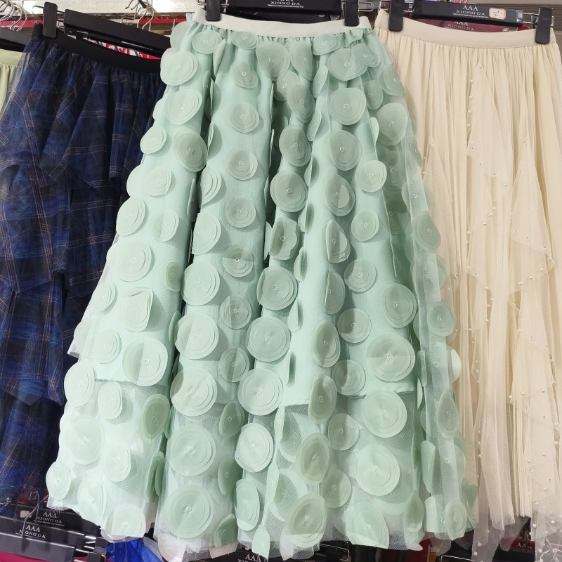 Retro A Line Skirt Big Swing Design Sense Three-dimensional Wave Point Gauze Skirt High Waist Skirt