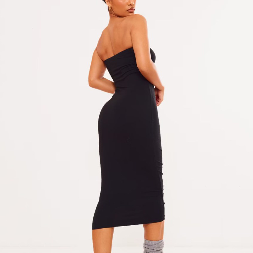 Soft Bodycon Backless Strapless Dress Slip Lounge Wear Tank Casual Dress For Women Black Basic Cotton Bandeau Midi Dress