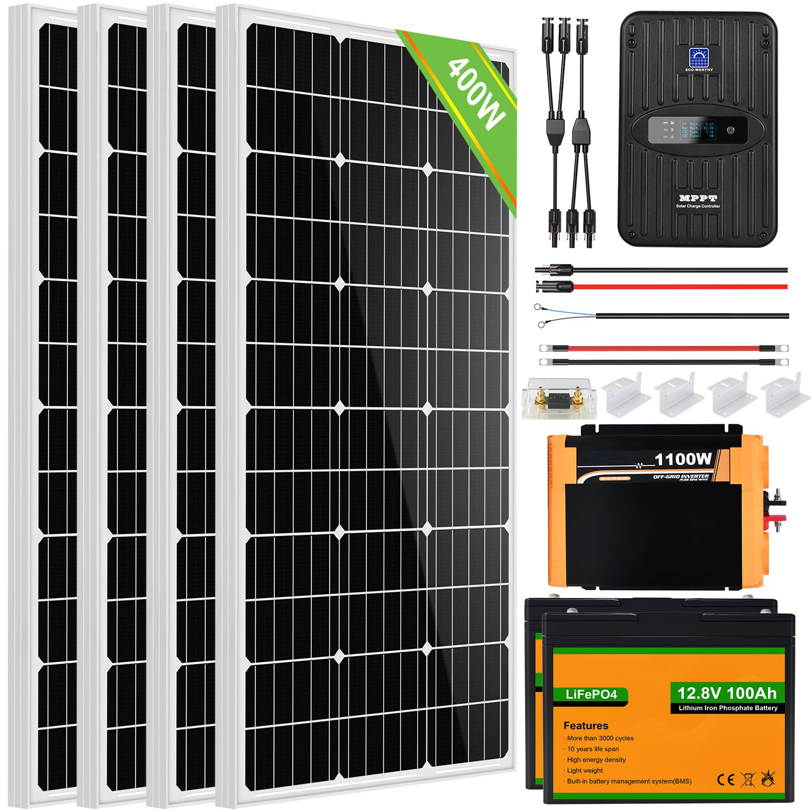 1.6KWH Solar Panel Kit 400 Watt 12Volt for RV Off Grid with Battery and Inverter Portable 400W Solar Panels