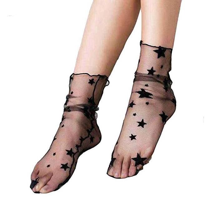 Women Ankle High Socks Sheer Slouch Socks Transparent Lace Socks, Black