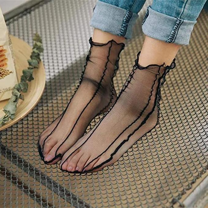 Women Ankle High Socks Sheer Slouch Socks Transparent Lace Socks, Black