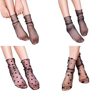 Women Ankle High Socks Sheer Slouch Socks Transparent Lace Socks, Black