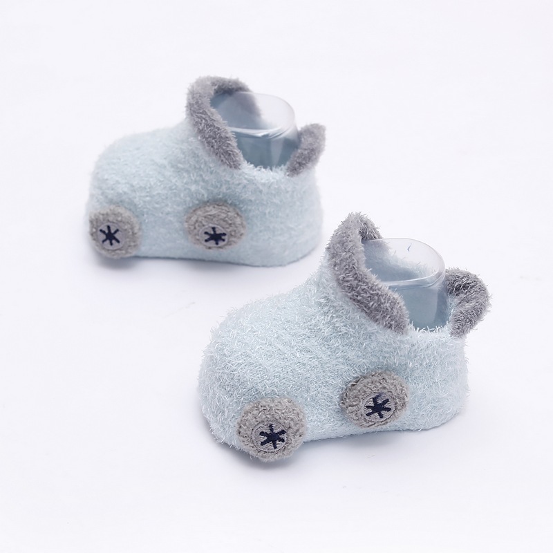 Custom Knitted Infant Baby Shoes Car Socks Feather Yarn Cartoon Blue Floor Socks Boy Fuzzy Fancy Baby Socks