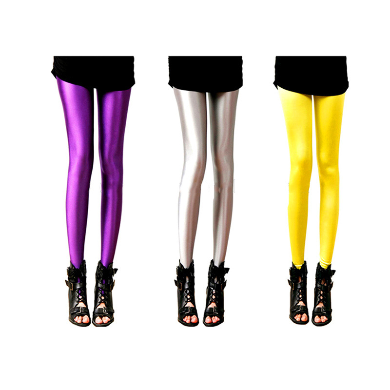 Shiny Thin Tights Full Ankle Length Basic Solid Color Leggings For Women