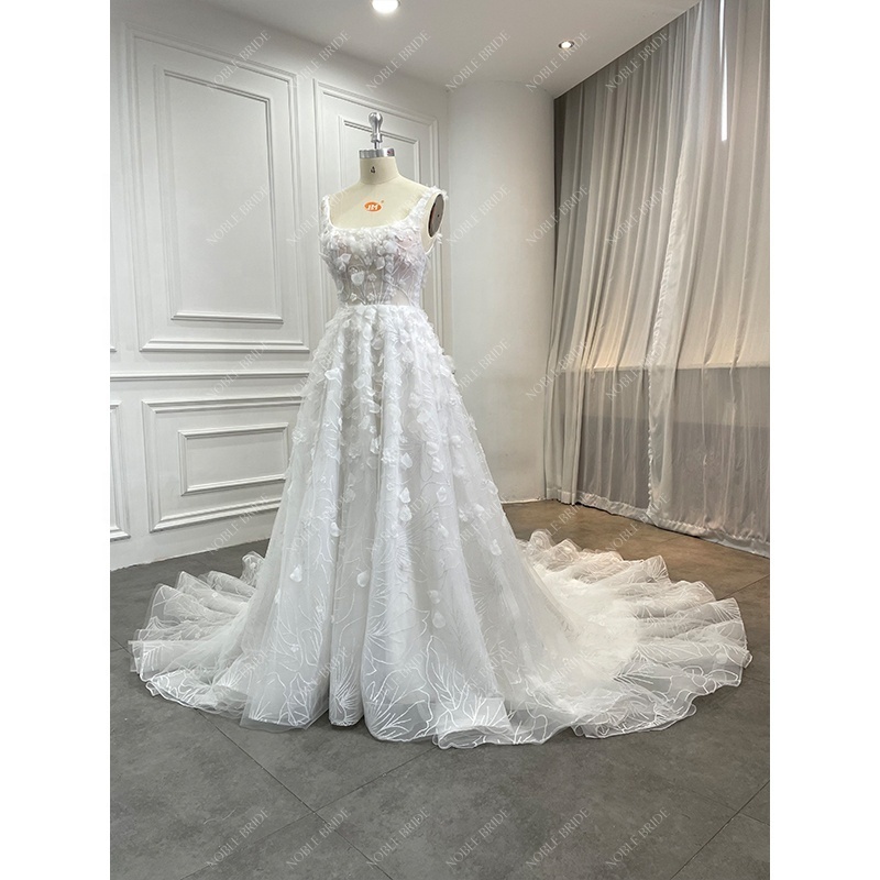 Supplier 3D Flower Beading Lace Wedding Dresses Elegant A Line Soft Tulle Vintage Boat Neckline Bridal Gown Vestidos De Novia