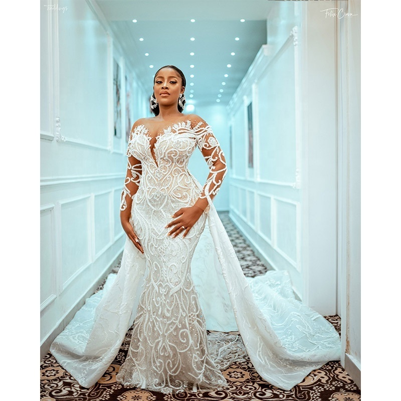 Luxury Heavy Beaded Bridal Gowns Long Sleeve Plus Size African Vestidos De Novia Mermaid Wedding Dress with Detachable Tail