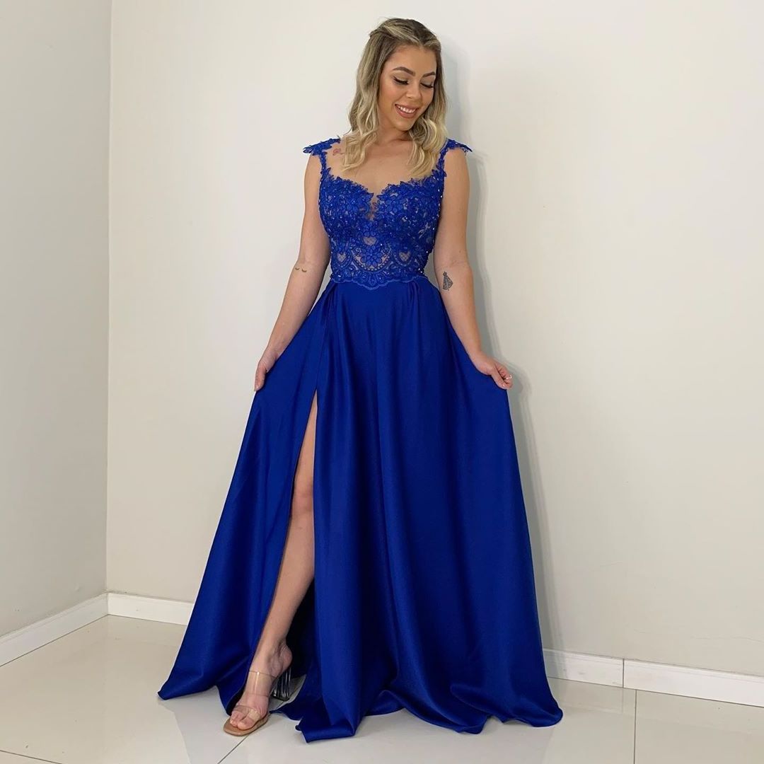 High Quality Summer Party Dress Applique Bead Lace Sleeveless Custom Made Blue High Side Split Bridesmaids Dresses