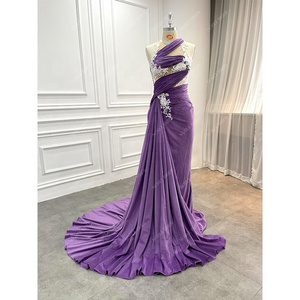 Wholesale Sexy Velvet Lace Applique Long Evening Dresses Birthday African Purple Sexy Corset Prom Gown Beaded Gala Party Dresses