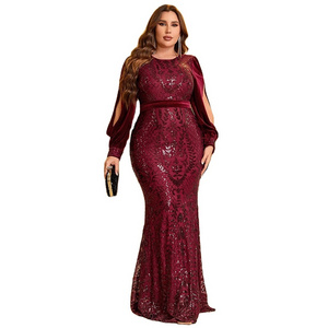 In Stock Wine Red Mother Of The Bride Dresses Mermaid Women's Sexy Party Dress With Long Sleeve Plus Size Gowns