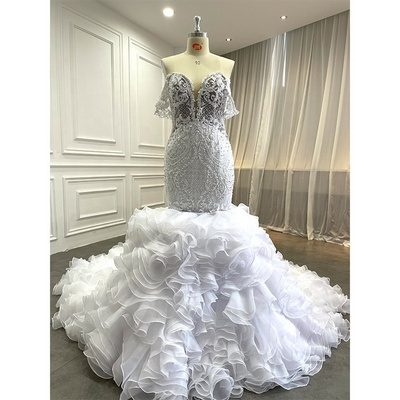 Women Luxury Beaded Mermaid Bridal Gowns Vestido De Novia Modest African Ruffled Wedding Dresses with Detachable Cathedral Train