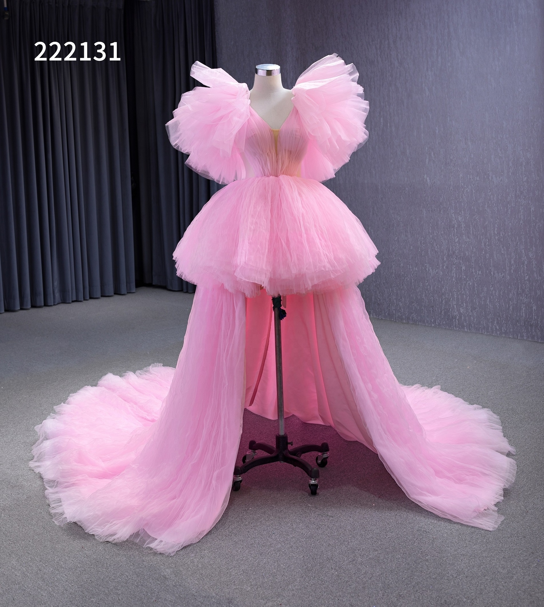 Sexy Girls Short Front Long Back Pleating Neckline Ruffles Tulle Short Front Long Back Dance Party Pink Prom Dresses