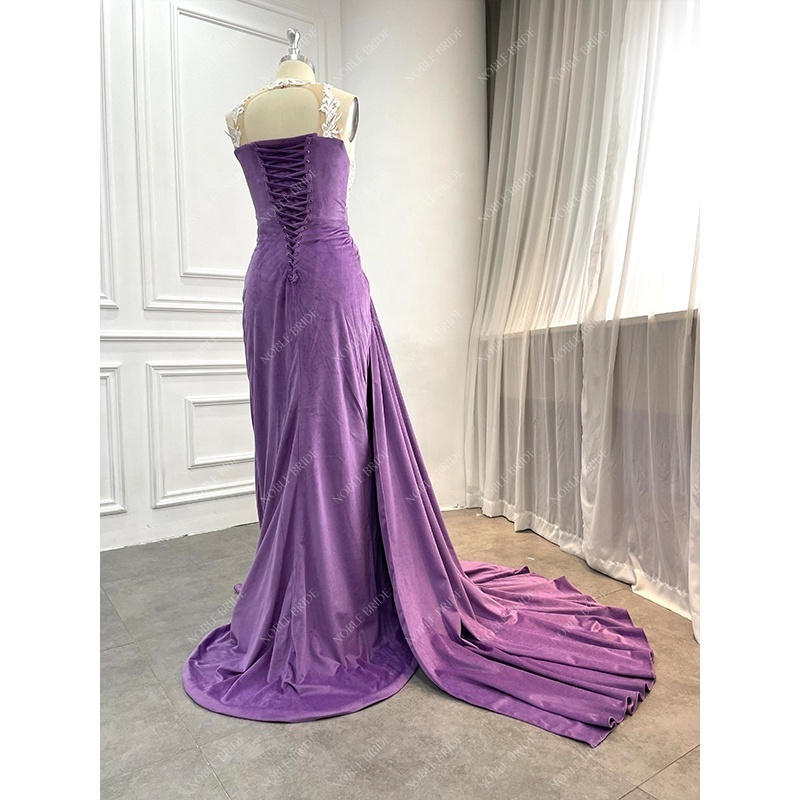 Wholesale Sexy Velvet Lace Applique Long Evening Dresses Birthday African Purple Sexy Corset Prom Gown Beaded Gala Party Dresses