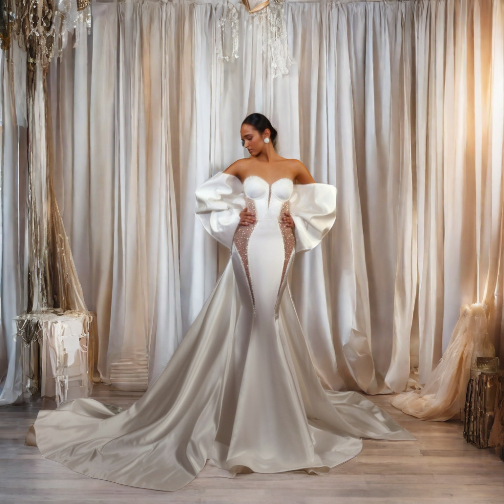 High Quality Satin Made Mermaid Off Shoulder Long Sleeve Wedding Dresses Sexy Bridal Gown 2024