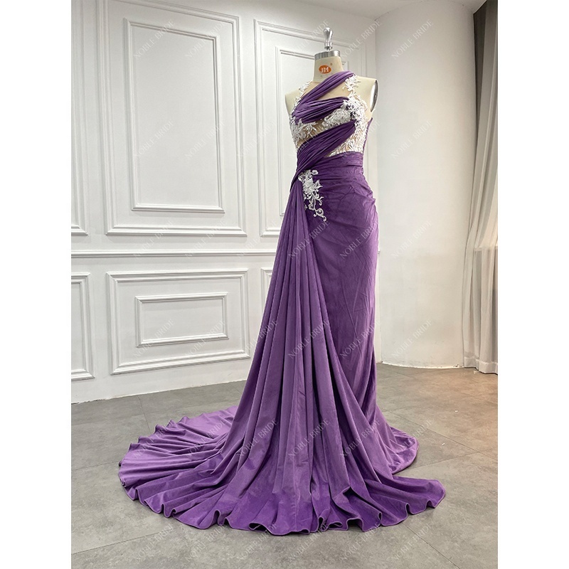 Wholesale Sexy Velvet Lace Applique Long Evening Dresses Birthday African Purple Sexy Corset Prom Gown Beaded Gala Party Dresses