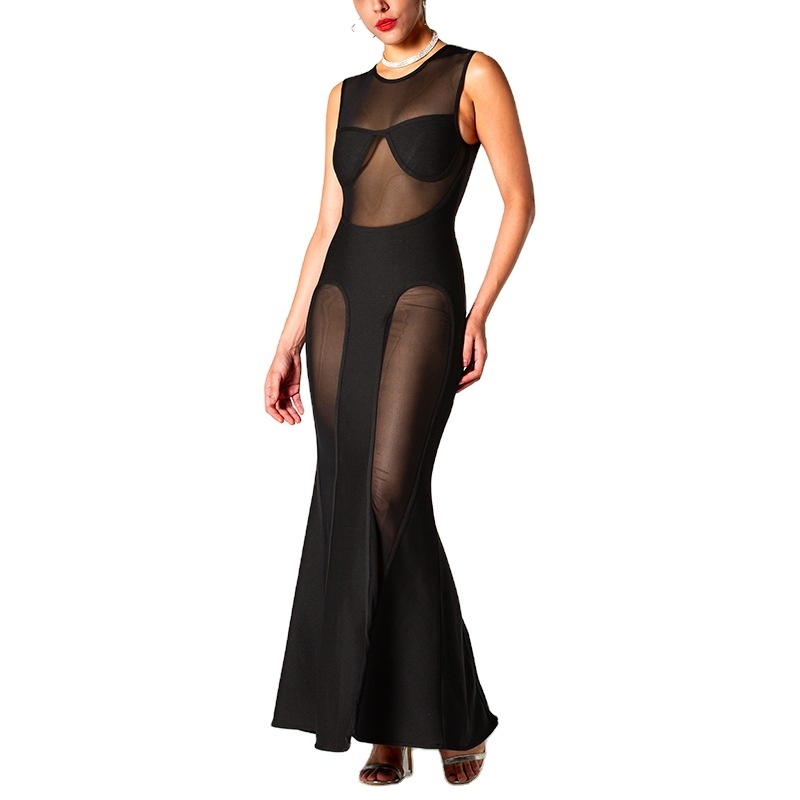 Sexy Illusion Black Club Cocktail Dress Women Long Party Dress Ready To Ship