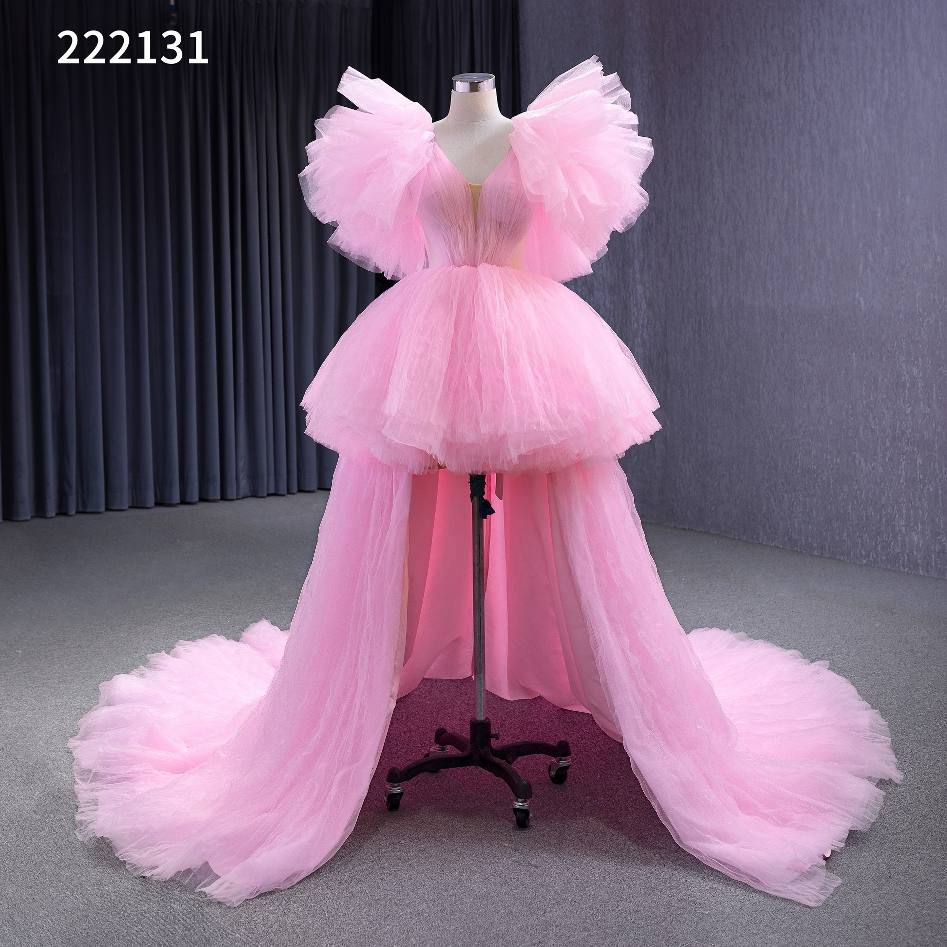 Sexy Girls Short Front Long Back Pleating Neckline Ruffles Tulle Short Front Long Back Dance Party Pink Prom Dresses