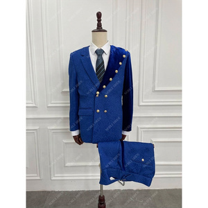 Designer Fashion Jacquard Navy Blue Jacket Party Gentlemen Double Breasted Velvet Blazers Mens 2 Pieces Top Quality Wedding Suit