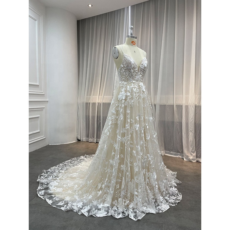 Wholesale Outdoor Elegant Floor Length Bridal Beach Lace Gown Sleeveless Boho Champagne Color Wedding Dresses Turkey Istanbul