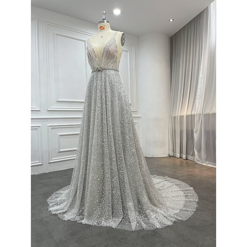 Custom Luxury Wedding Guest Silver Evening Gowns Long Formal Party Sequin Dress Women for Join Wedding