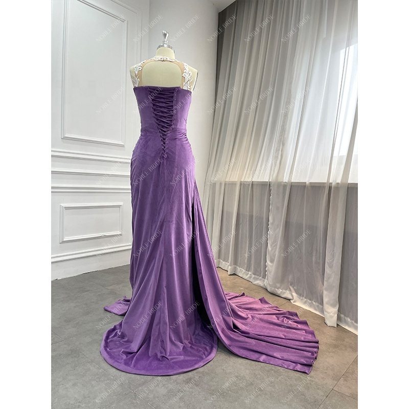 Wholesale Sexy Velvet Lace Applique Long Evening Dresses Birthday African Purple Sexy Corset Prom Gown Beaded Gala Party Dresses