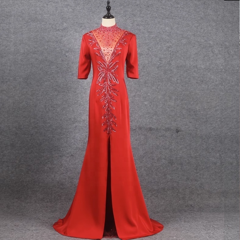 Wholesale Mother of the Bride Half Sleeve High Neck Wedding Party Dresses Luxury Sequins Beaded Rhinestone Evening Gown Elegant