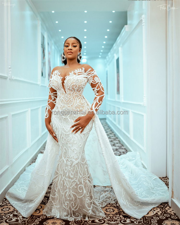 Luxury Heavy Beaded Bridal Gowns Long Sleeve Plus Size African Vestidos De Novia Mermaid Wedding Dress with Detachable Tail BestSuppliers