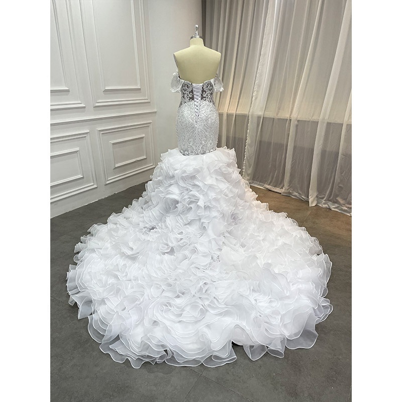 Women Luxury Beaded Mermaid Bridal Gowns Vestido De Novia Modest African Ruffled Wedding Dresses with Detachable Cathedral Train