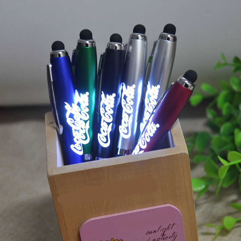 bright STOCK 3 in 1 promotional multi functional stylus led light up logo pen with custom logo engraved