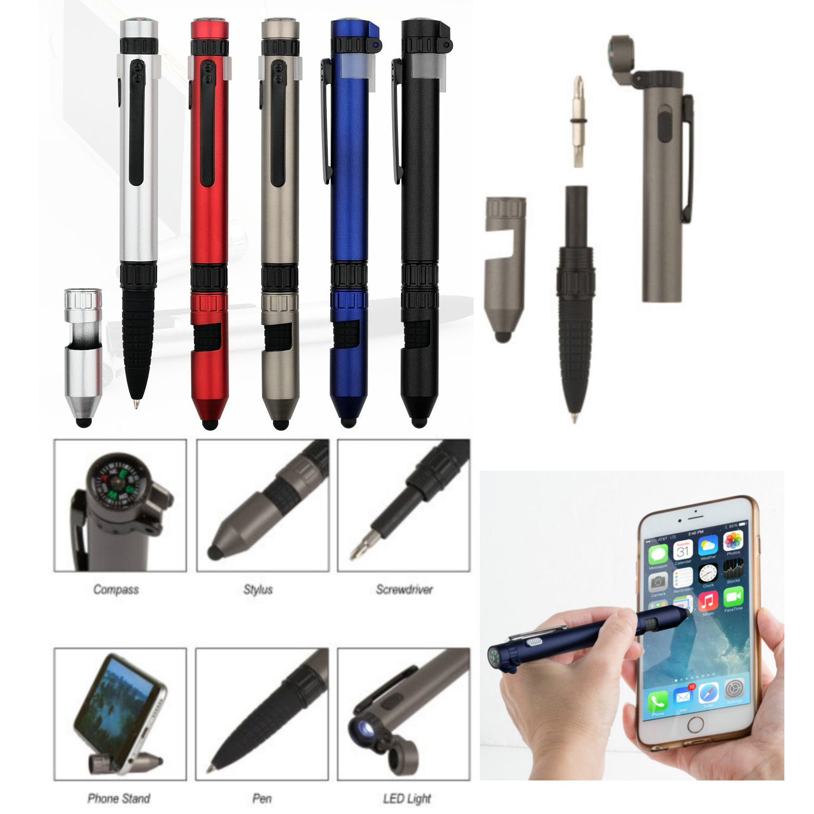 custom multi-fuction Rainier Utility tool stylus ball pen with screwdriver compass led light torch and phone stand for gifts