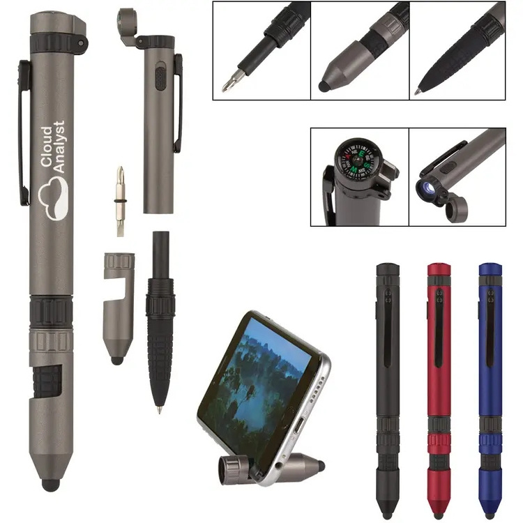 custom multi-fuction Rainier Utility tool stylus ball pen with screwdriver compass led light torch and phone stand for gifts