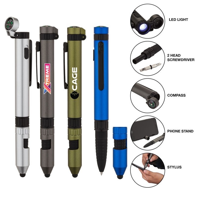 custom multi-fuction Rainier Utility tool stylus ball pen with screwdriver compass led light torch and phone stand for gifts