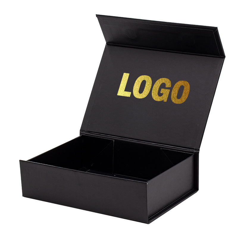 recycled cardboard magnetic lid black paper packaging box with gold foil printing