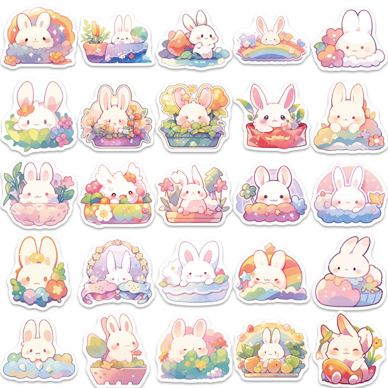 50pcs Cute Rainbow Rabbit Stickers for Water Bottles, Cartoon Bunny Stickers for Kids, Lovely Colorful Waterproof Decals