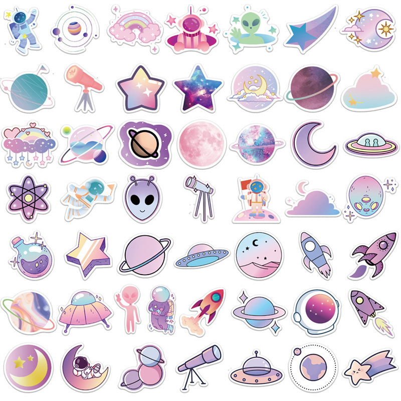 50pcs Space Star Stickers for Water Bottle 50pcs Cool Planet Vinyl Decal Waterproof Sticker for Laptop Suitcase Diary Guitar